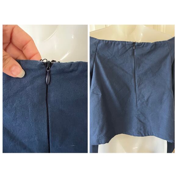 CQ BY CQ Linen Blouse Top Off The Shoulder Ruffle Embellishment 3/4 Sleeve Navy - Picture 11 of 14